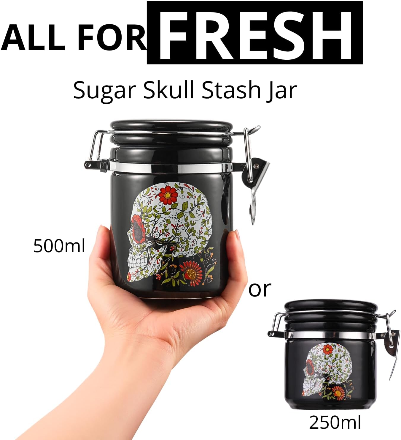 Skull Stash Jar - Airtight, Smell Proof Storage - 500ml, Black