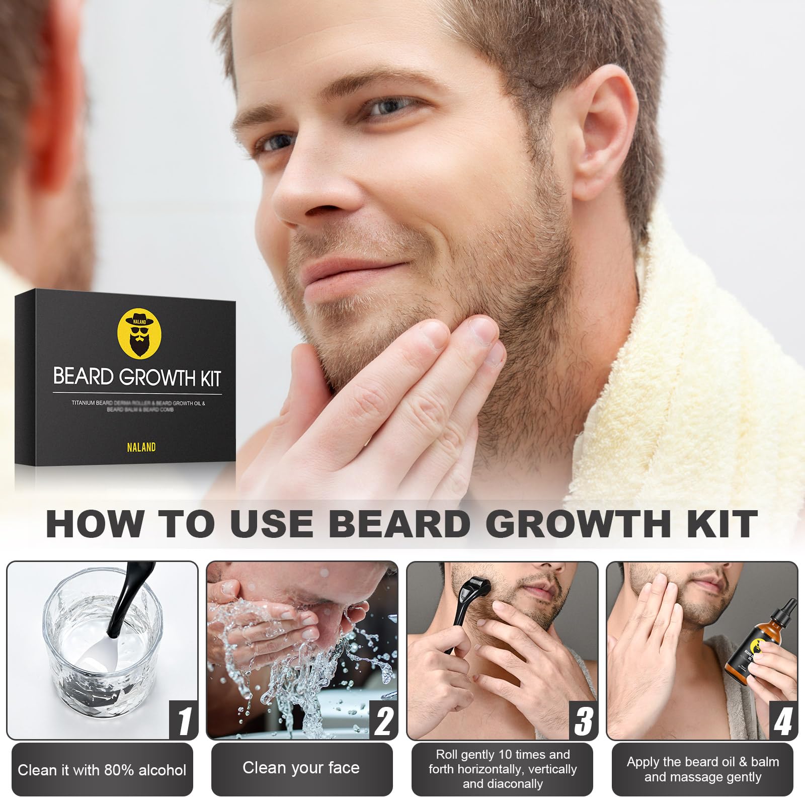 INVJOY Kit per la crescita della barba, Dermaroller con 540 aghi, olio di siero per la crescita della barba, balsamo da barba, regalo perfetto per gli uomini model 195