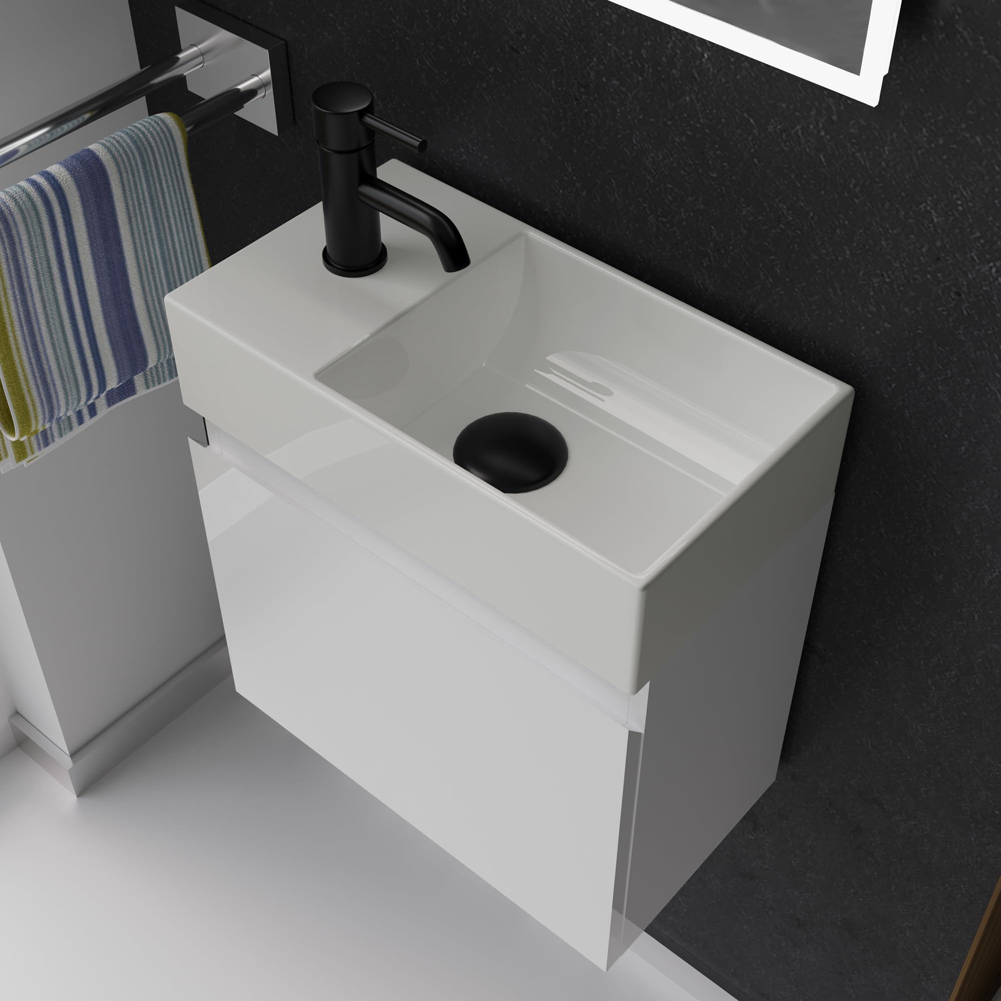 Alpenberger Gäste WC Waschbecken mit Unterschrank 45 cm Breit | Waschtisch Set Klein | Aufsatzwaschbecken Waschtischunterschrank Hängend | Möbel Bademöbel-Set | Waschbeckenunterschrank Weiß