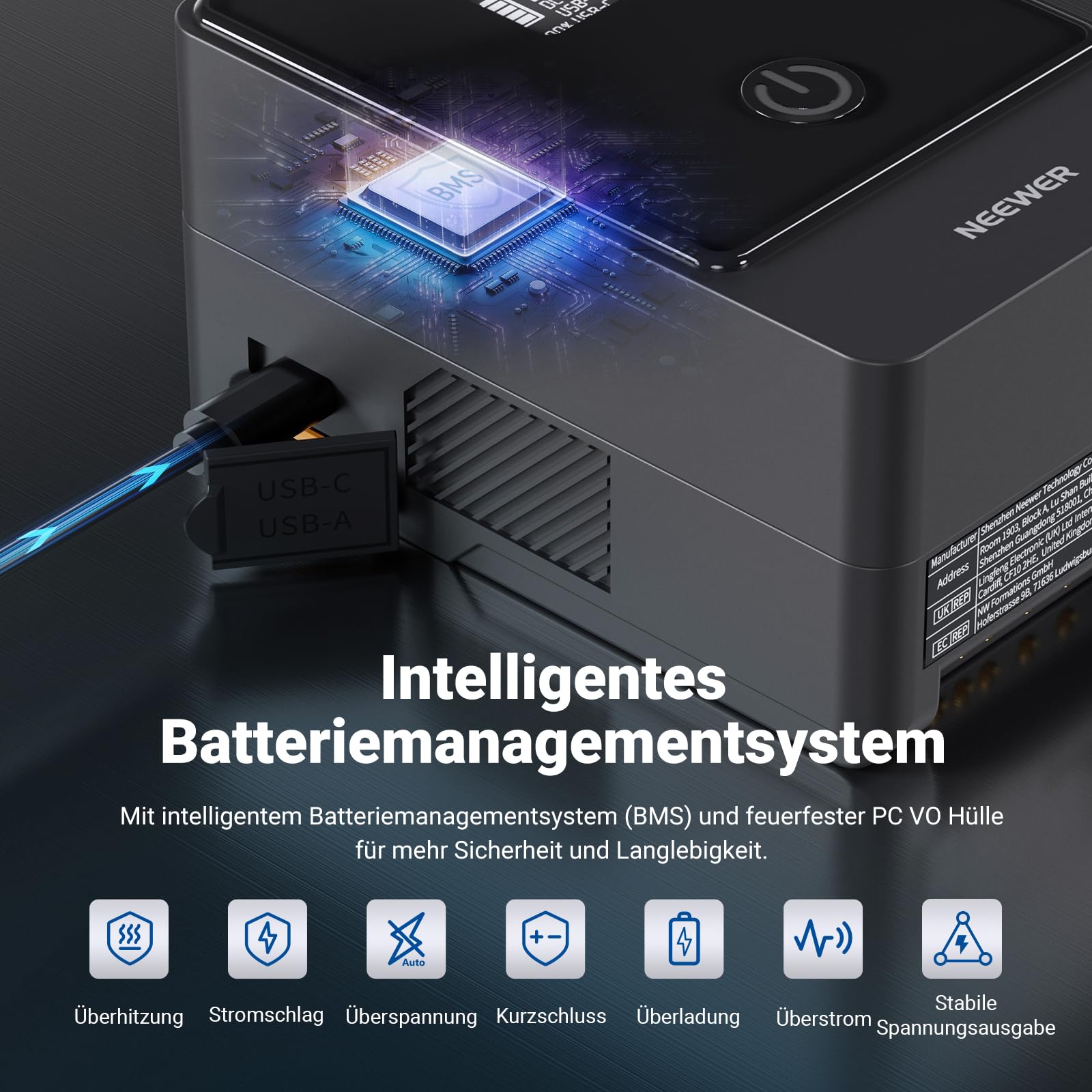 NEEWER Mini V Mount Battery, 6800mAh, 99Wh, 14,5V, Mini V Mount Akku mit 65W PD Typ C/D Tap/BP/USB A/Dual DC Anschluss/OLED Display V Lock Akku für Kamera, Camcorder, Monitor, Videoleuchte, PS099E