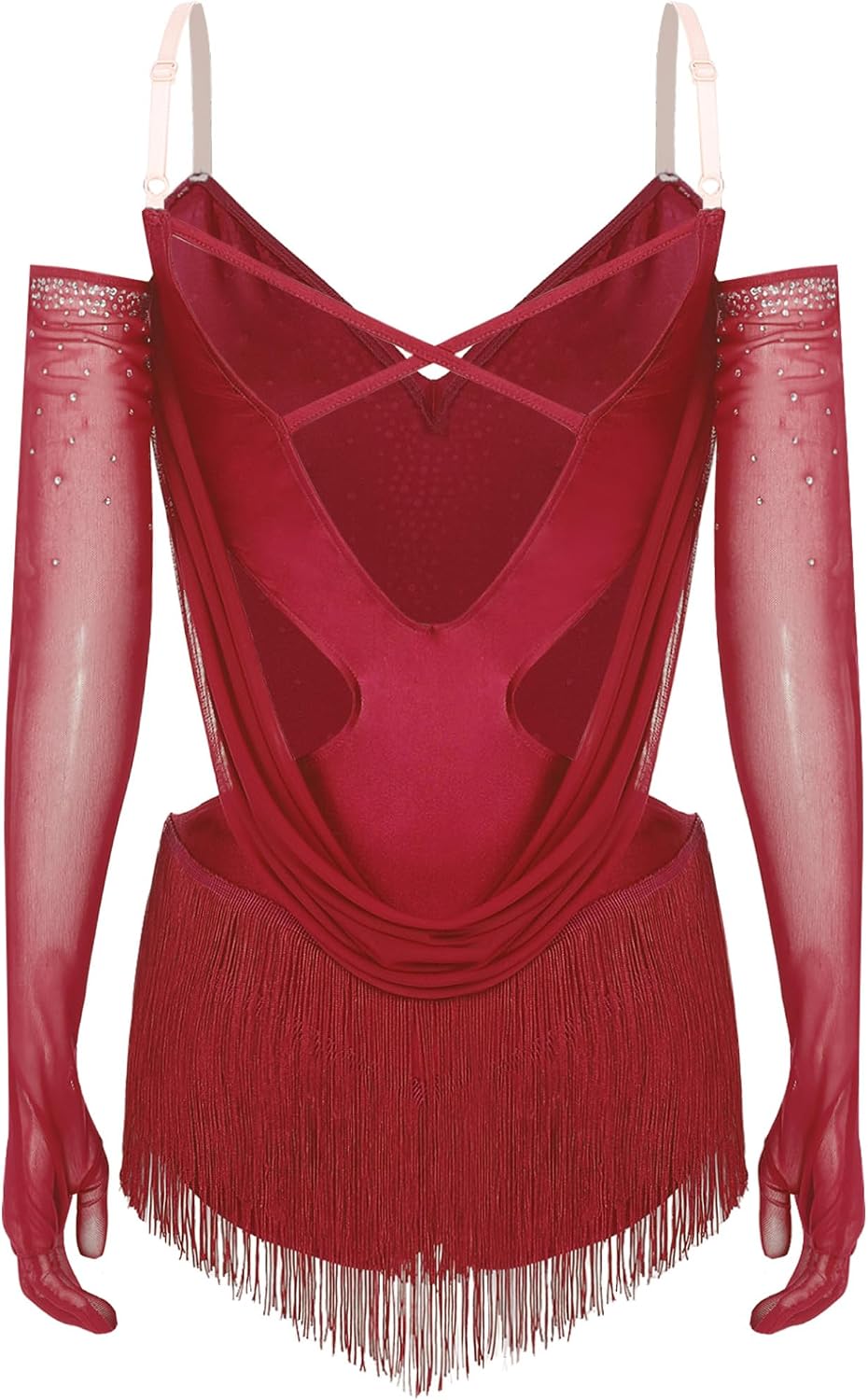 Vxuxlje Women's Fringe Latin Dance Leotard Rhinestone Ruched Cut Out Bodysuit Ballet Dance Costume