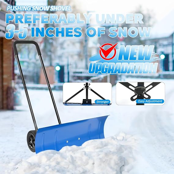 Snow Shovel Pusher, 29.13-inch Metal Snow Pusher with Wheels for Driveway, Adjustable Angle and Height Snow Pusher Shovel for Sidewalks, or Parking Lots