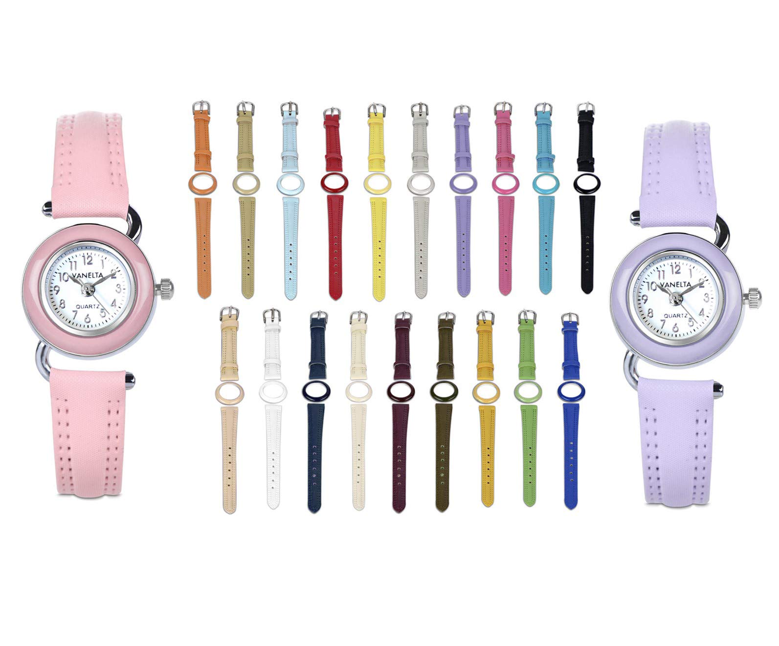 Interchangeable Girl Watch Set – 2 Watches with 19 Assorted Colored Leather Strap and Bezel – Multicolor Watch with Interchangeable Straps – for Siblings and Twins – VW2020-2W