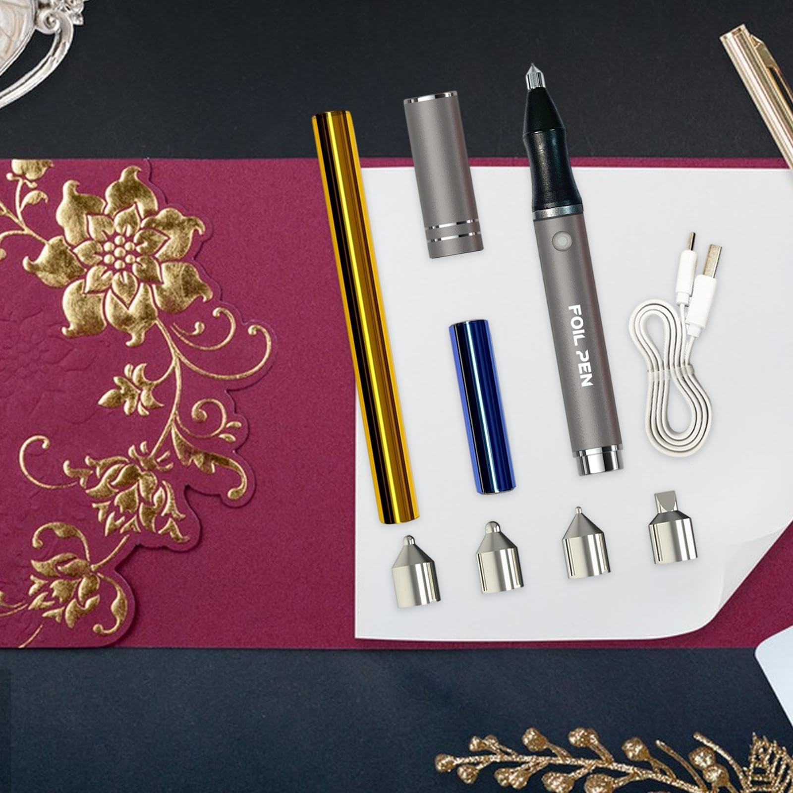 rockible Kit de Scrapbooking avec Stylo à Transfert Thermique USB et 4 Pointes pour Vos créations DIY, Gris
