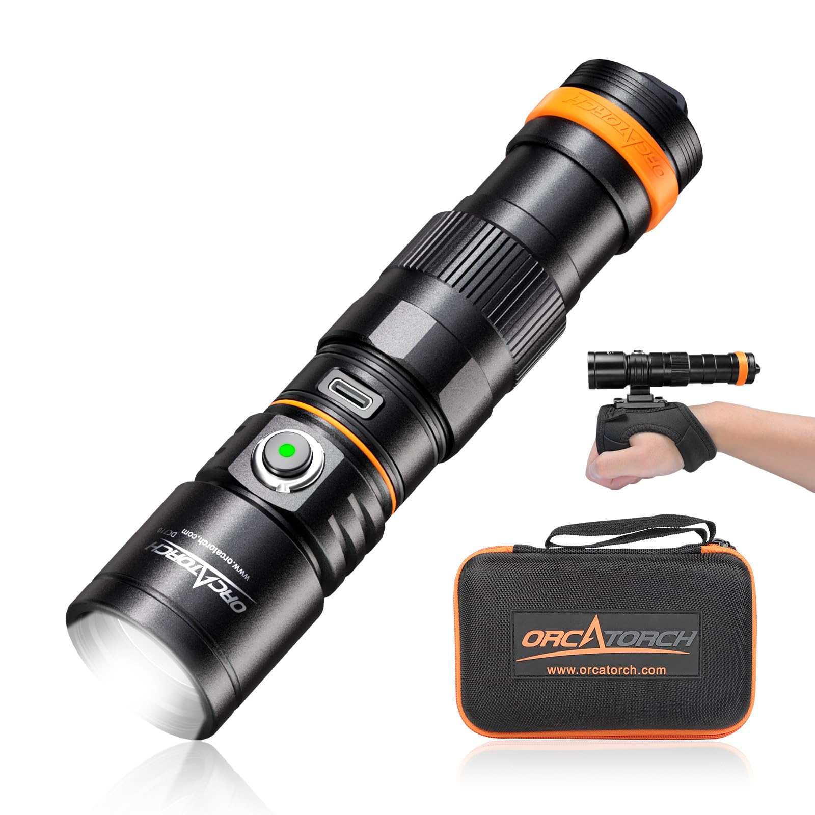 DC710 Scuba Dive Light Type C Rechargeable, 3000 Lumens Super Bright Underwater Flashlight, IP68 Waterproof Submersible Torch with WS02 Wrist Strap Mount for Hands-Free Diving