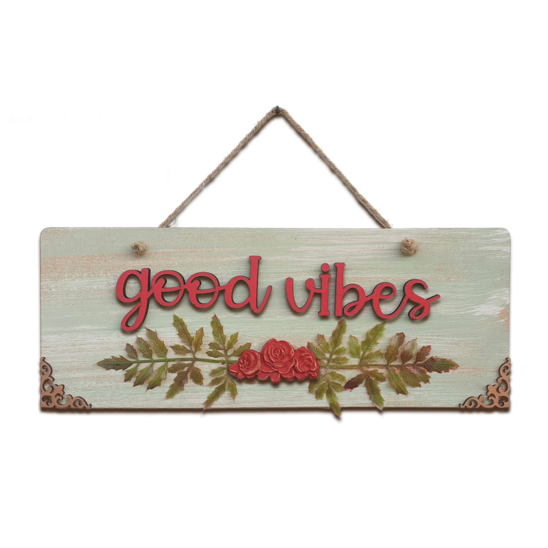 Chalk My Theme Good Vibes Quote Rustic Vintage Wooden Door Or Wall Hanging With Leaves And Flowers|Home Decoration - 12.7 Cm