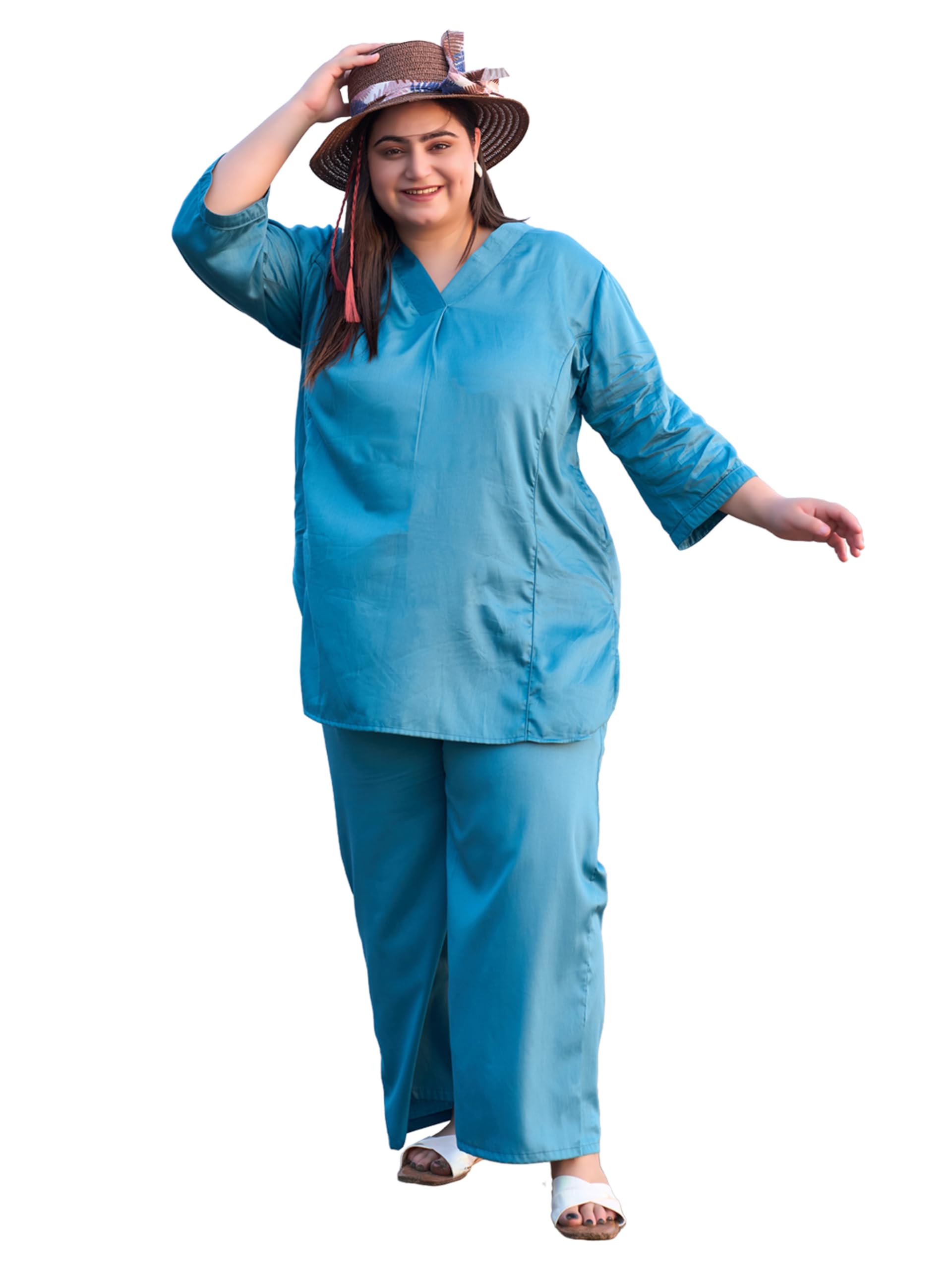 Plus Size Cotton Silk Co-Ord Set for Women | Tunic and Trouser Set V-Neck and 3/4 Sleeve| Elasticated Waist 2 Pockets Casual Wear Outfit |3XL to 8XL-picture-30