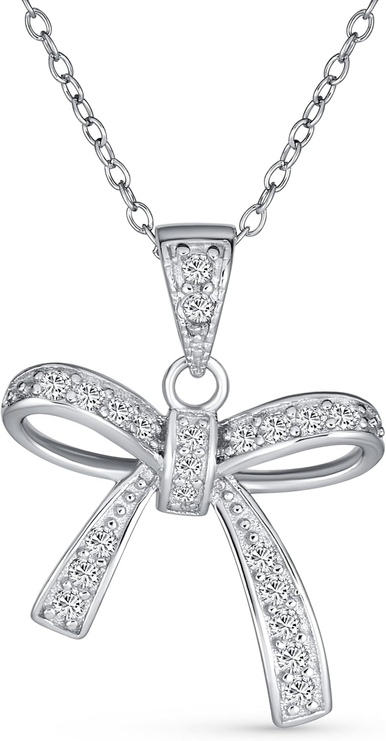 Bling Jewelry Dainty Romantic Bridal Wedding Clear Cubic Zirconia Pave CZ Station Holiday Present Ribbon Bow Pendant Necklace For Women Teen .925 Sterling Silver