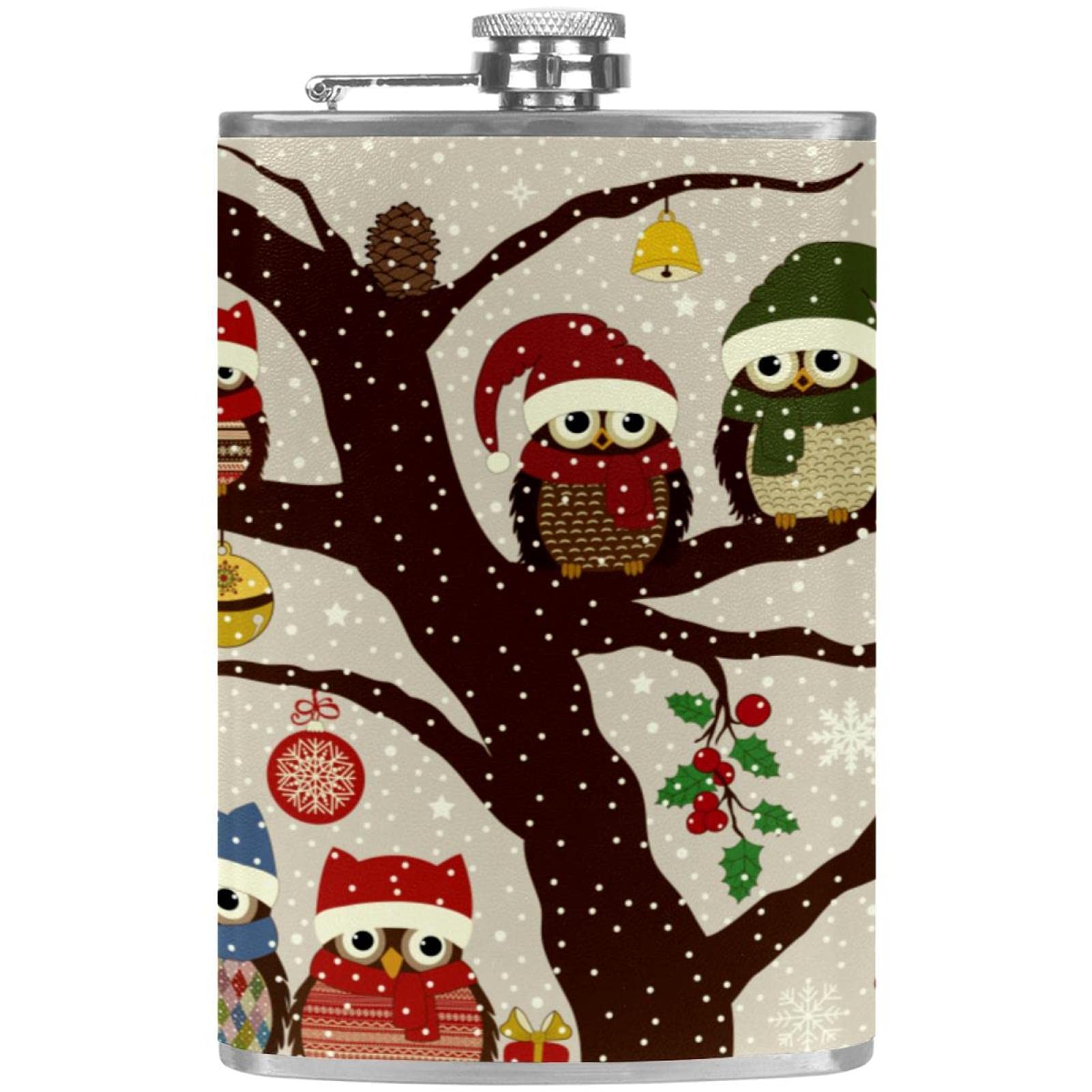 Flasque pour liqueur avec entonnoir au design chouettes de Noël et arbre généalogique