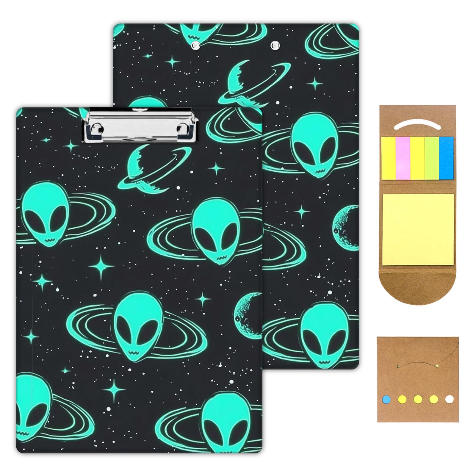 KUJKBFWJ Acrylic Clipboards with Sticky Note, A4 Letter Size Durable Cute Clip Board 9x12.5, for Students, Nursing, School and Office, with Low Profile Clip & Hanging Loop, Green Alien