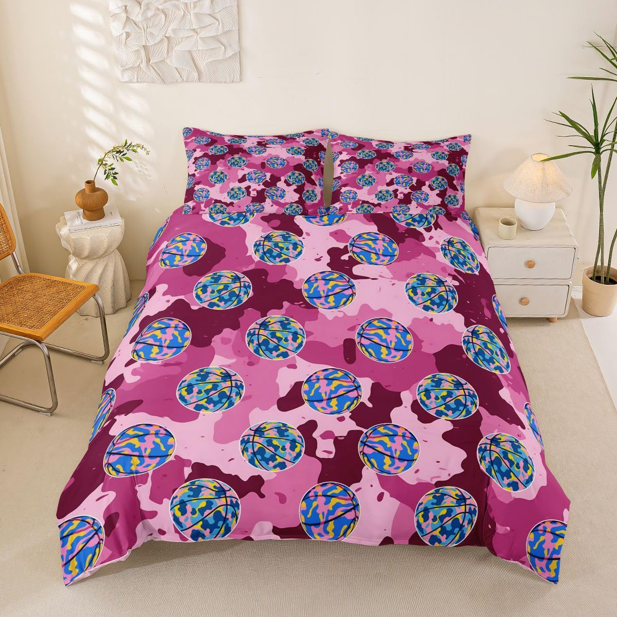 Homemissing Set di biancheria da letto per bambini e bambine, motivo mimetico, rosa, per letto super king size, motivo videogiochi, decorazione per camera da letto, 3 pezzi, chiusura