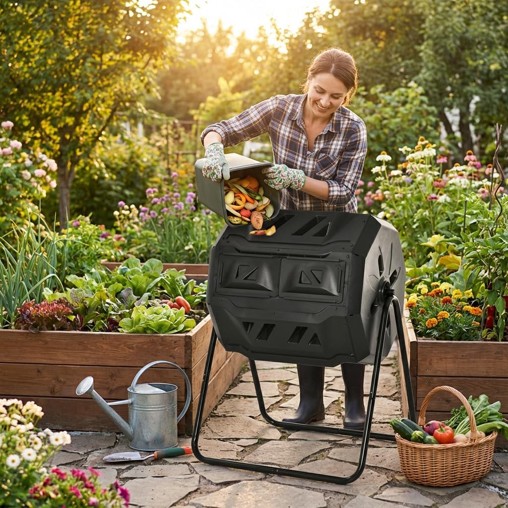 Indoor Compost Bin with Charcoal, Outdoor Composting Bins Kitchen Food Waste Container, Odor-Control Compost Tumbler Composting Pail for Countertop, Includes Two Carbon for HOM