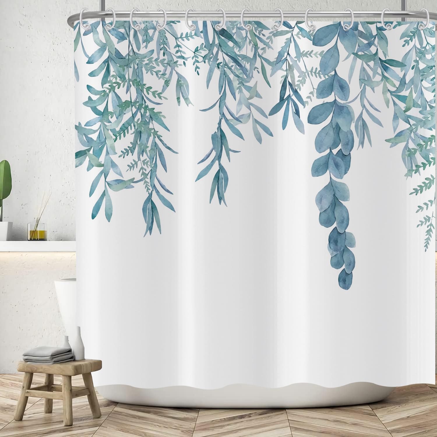 ASDCXZ Leaves Shower Curtain 150x180 cm, Spring Simplicity Hand Painted Blue Leaves White Bath Washable Shower Curtains Polyester Textile Waterproof Bath Curtain for Bathtub with 10 Hooks — image 1