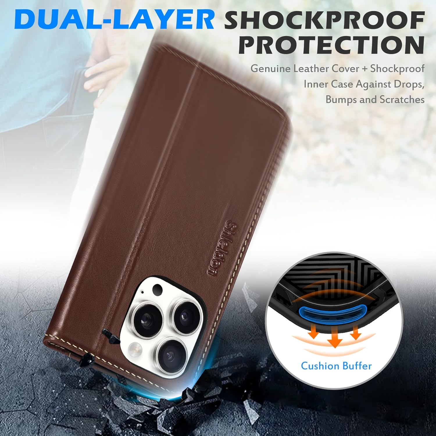 SHIELDON Case for iPhone 16 Pro 5G 2024, Genuine Leather Flip Wallet Magnetic Closure Cover Kickstand RFID Blocking Credit Card Holder Protective Case Compatible with iPhone 16 Pro 6.3" - Retro Coffee - Image 6