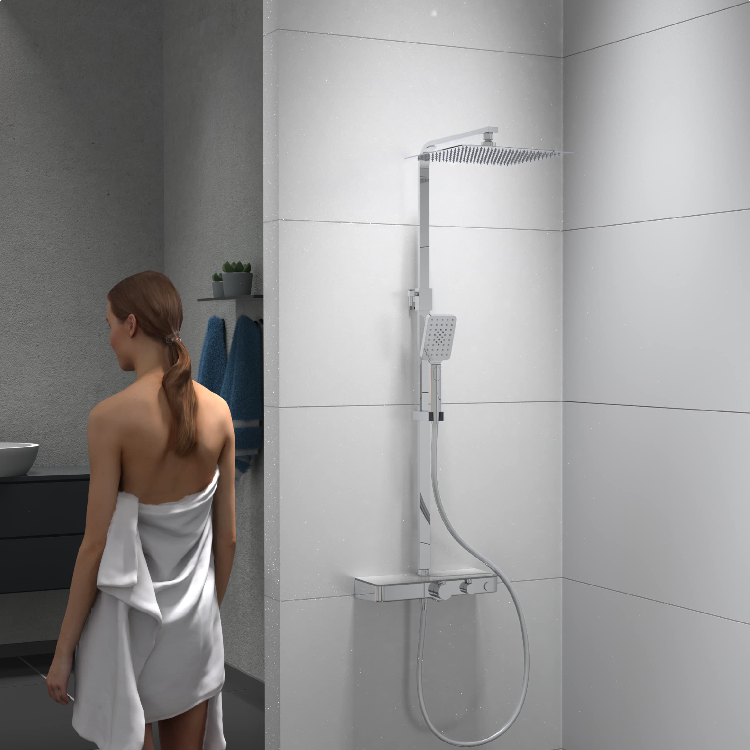 Schütte Sistema termostato y Estante de Cristal – Juego 30 x 30 cm, Lluvia con Soporte de Pared y alcachofa Columna de Ducha en Cromo/Blanco 60530