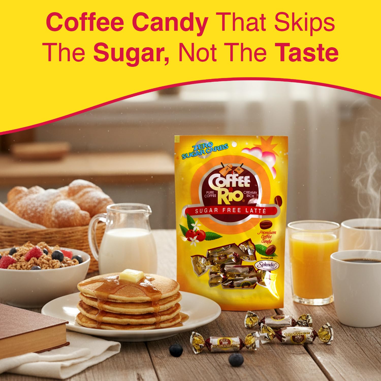 Coffee Rio Sugar Free Latté and Original Coffee Candy, Variety Pack of 4 (3 oz Each) - Individually Wrapped Sugar Free Hard Candies Blended w/Fresh Dairy Cream - Kosher Certified Zero Sugar Candies