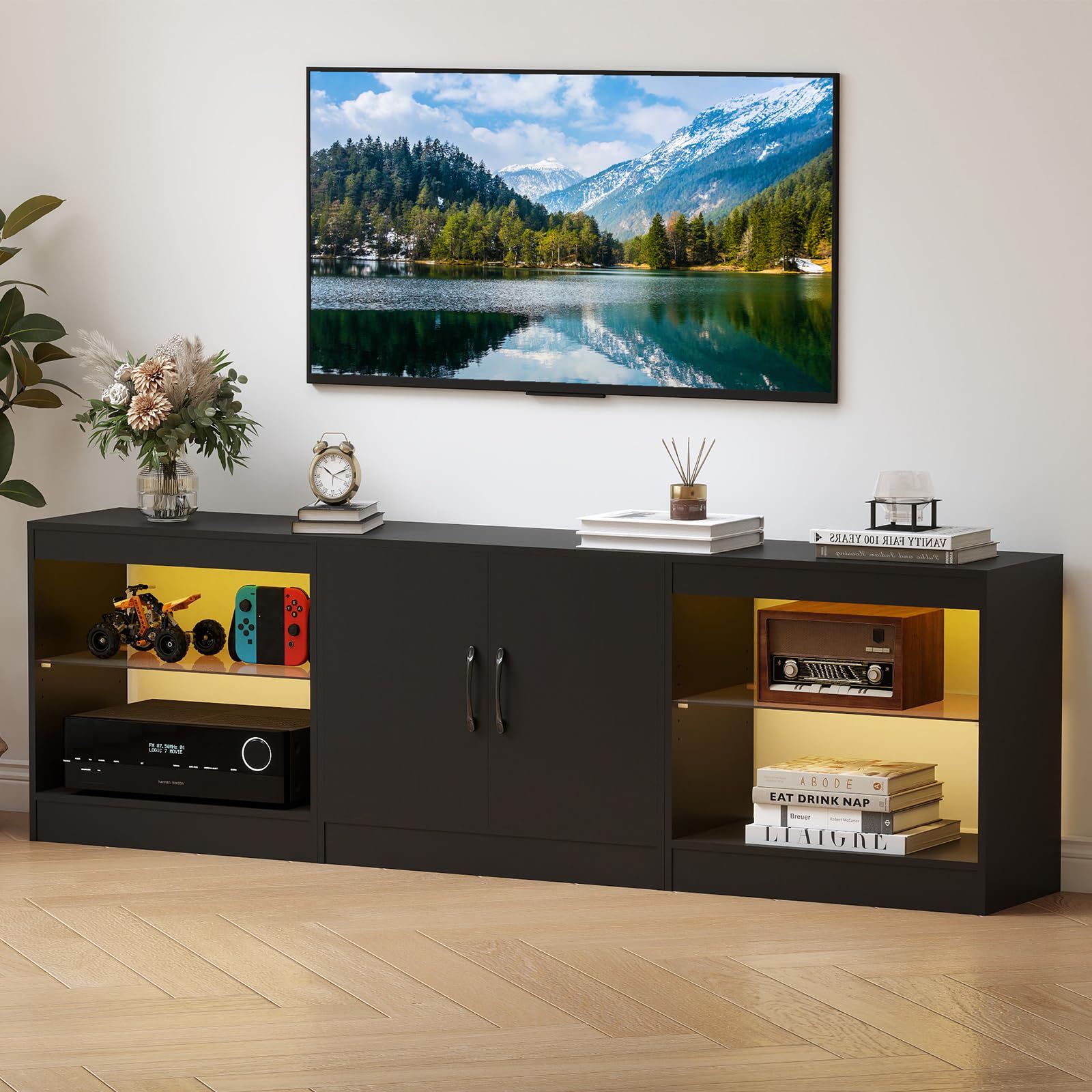 COSTWAY 3- in-1 TV-Schrank, Fernsehtisch für Fernseher bis zu 85 Zoll, 195 cm lang Lowboard mit LED Beleuchtung & verstellbaren Glasregalen für Wohnzimmer, Schlafzimmer, Esszimmer (Schwarz)