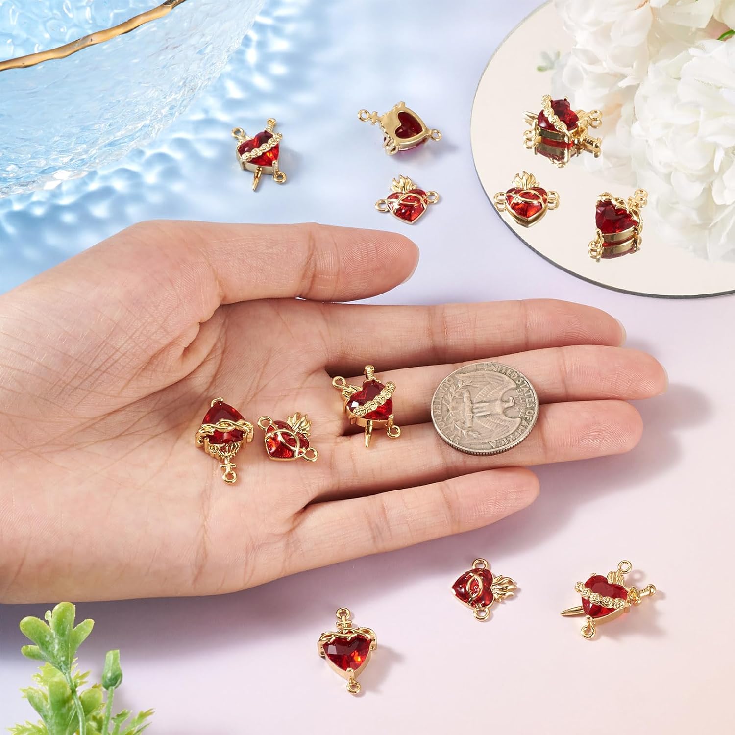 12Pcs 16K Gold Plated Sacred Heart Charms Cubic Zirconia Sacred Heart of Jesus Connector Charms Gothic Red Love Link Pendants for Earring Necklace Bracelet Jewelry Making 3 Styles - Image 6