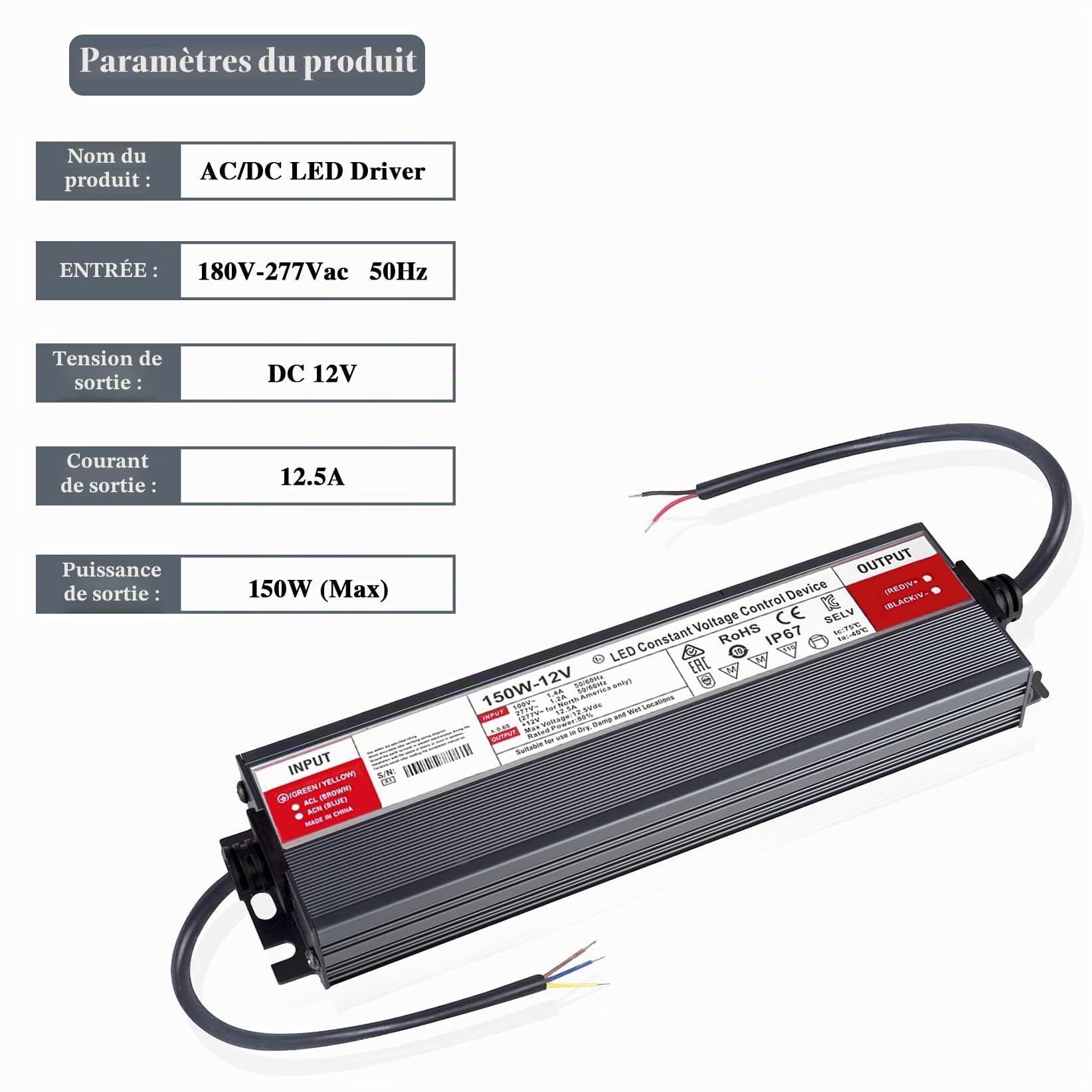 Transformateur 220V 12V LED Driver 150W Etanche IP67 Extérieur Transfo 12,5Adaptateur Alimentation,220V AC à 12V DC Convertisseur,d'alimentation Basse Tension Transfo LED de Tension Constante