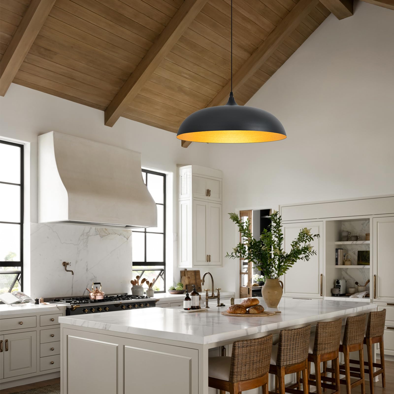 Large Pendant Light Fixtures Ceiling Hanging, 17.7" Dome Pendant Lights,Black and Gold Finish Lighting Fixture,Adjustable Pendant Lamps for Living Room,Dining Room,Kitchen Island