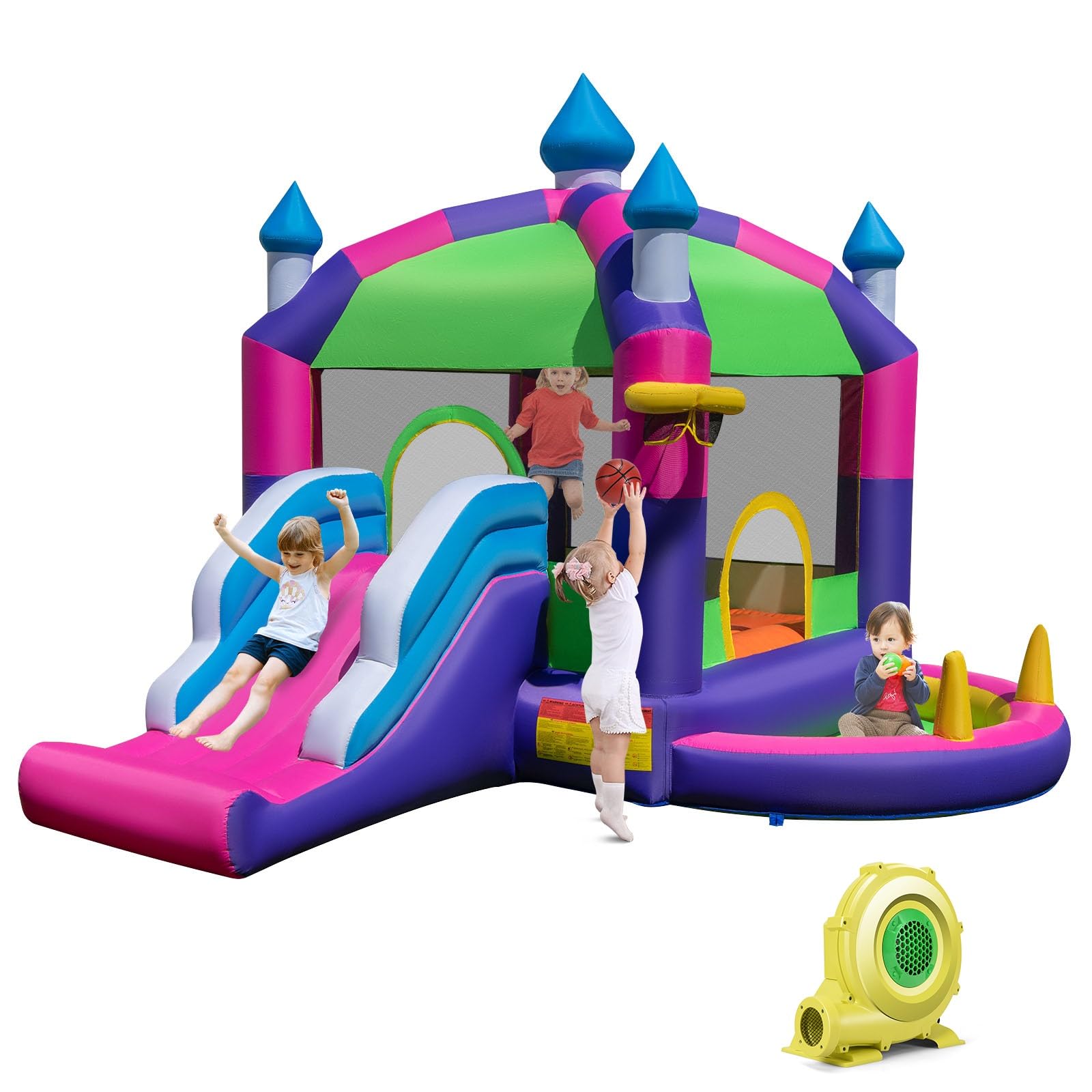 COSTWAY Castillo Hinchable Grande, 5 en 1 Castillo Hinchable, Piscina de Bolas Castillo Hinchable para Niños 3-10 Años, Insuflavel Criança Interior Exterior, 378 x 469 x 250 cm (con soplador)