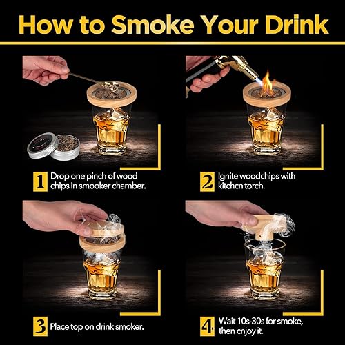 Miniatura 3 de Vadeture Kit de ahumador de cóctel con antorcha y 4 diferentes chips de madera y piedra de vino de hielo para cóctel whisky vino bourbon queso carne