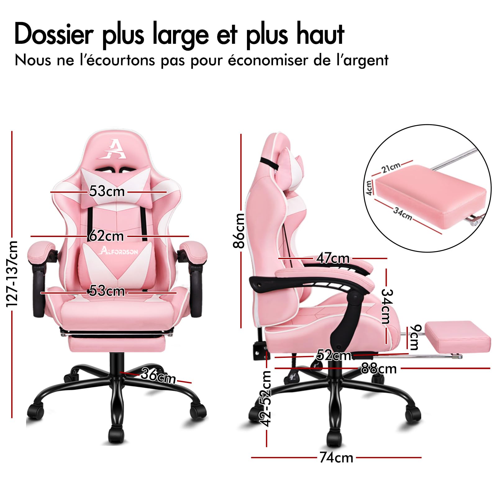 ALFORDSON Chaise de Jeu de Course,VOGLER 150°inclinable et réglable en Hauteur, Chaise de Bureau de Jeu Ergonomique, Repose-Pieds rembourré, capacité de 180kg, Rose