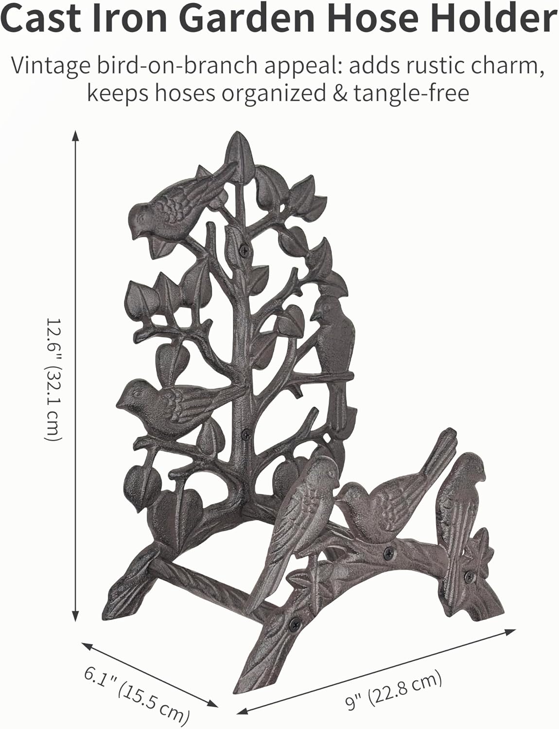 Cast Iron Garden Hose Holder Wall Mount, Rustic Heavy Duty Water Hose Hanger Storage Rack, Decorative Vintage Hose Reel Organizer for Outside Garden Yard Patio, Birds on Branch Design