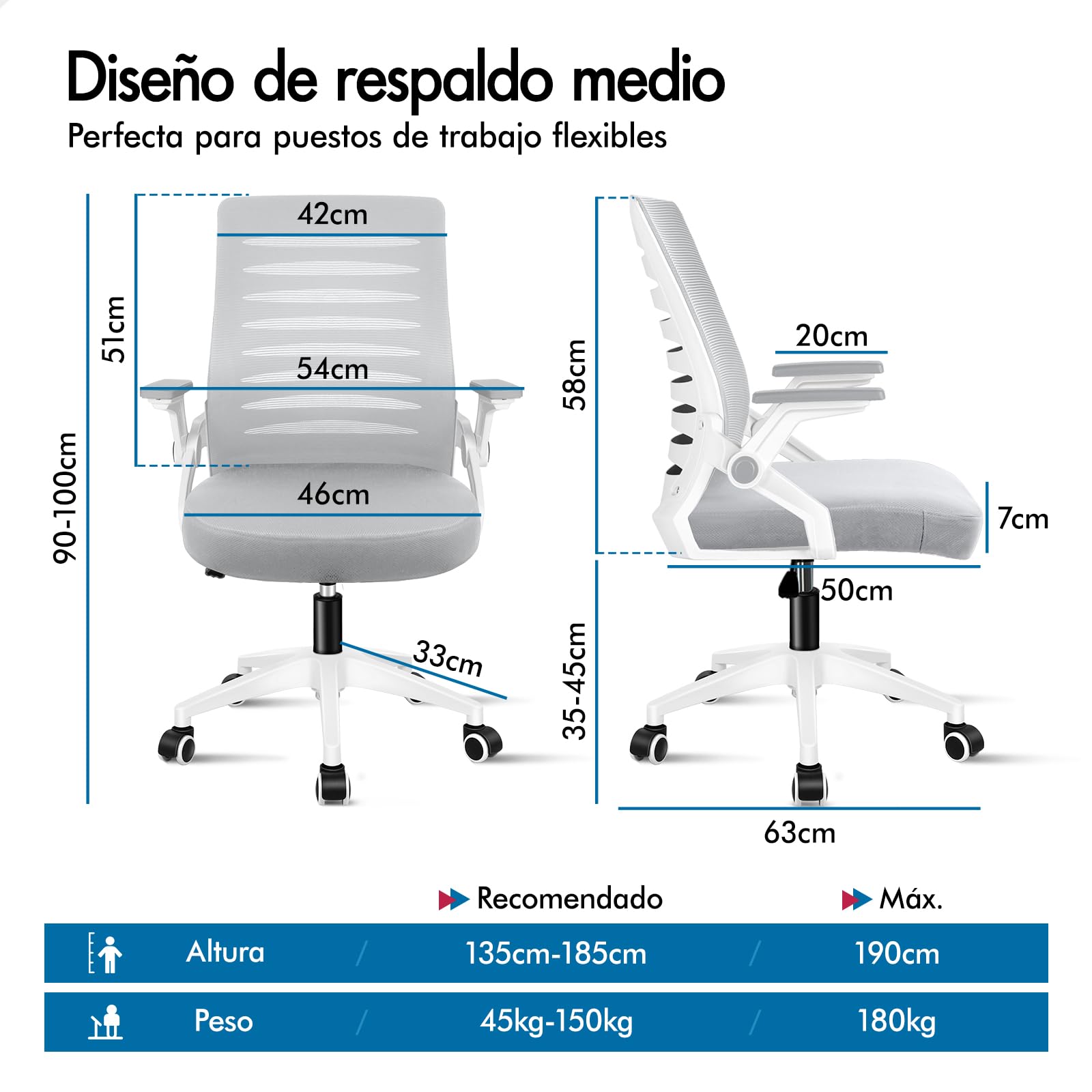 ALFORDSON Silla Escritorio Ergonómica Ajustable con Apoyo Lumbar, Reposabrazos Abatibles Ahorro de Espacio, Sillas Oficina Ejecutiva Malla, Cadeira para Salas de Reuniones, Recepción(Blanca y Gris)