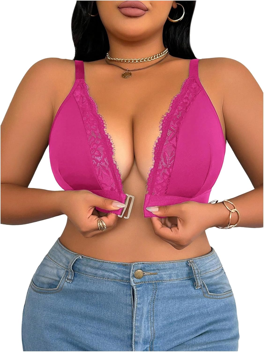 MakeMeChic Women's Plus Size Bra Floral Lace Front Closure Spaghetti Strap Bralette Underwear