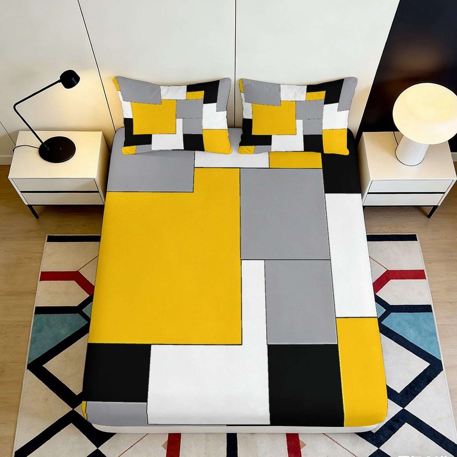 3D Printed Geometric Patchwork Fitted Sheet Microfiber Yellow Grey Abstract Bed Cover Anti-Slip Easy Care for Bedroom Guest Room 90x200x25cm