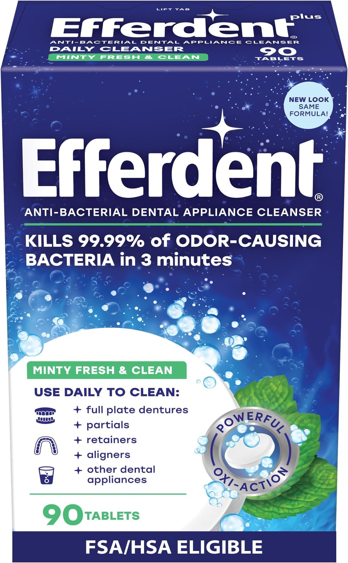 Efferdent Denture Cleaner Tablets – Dental Appliances, Aligners, Mouth Guard, and Retainer Cleaner Tablets, Minty Fresh & Clean, 90 Count (Pack of 6)