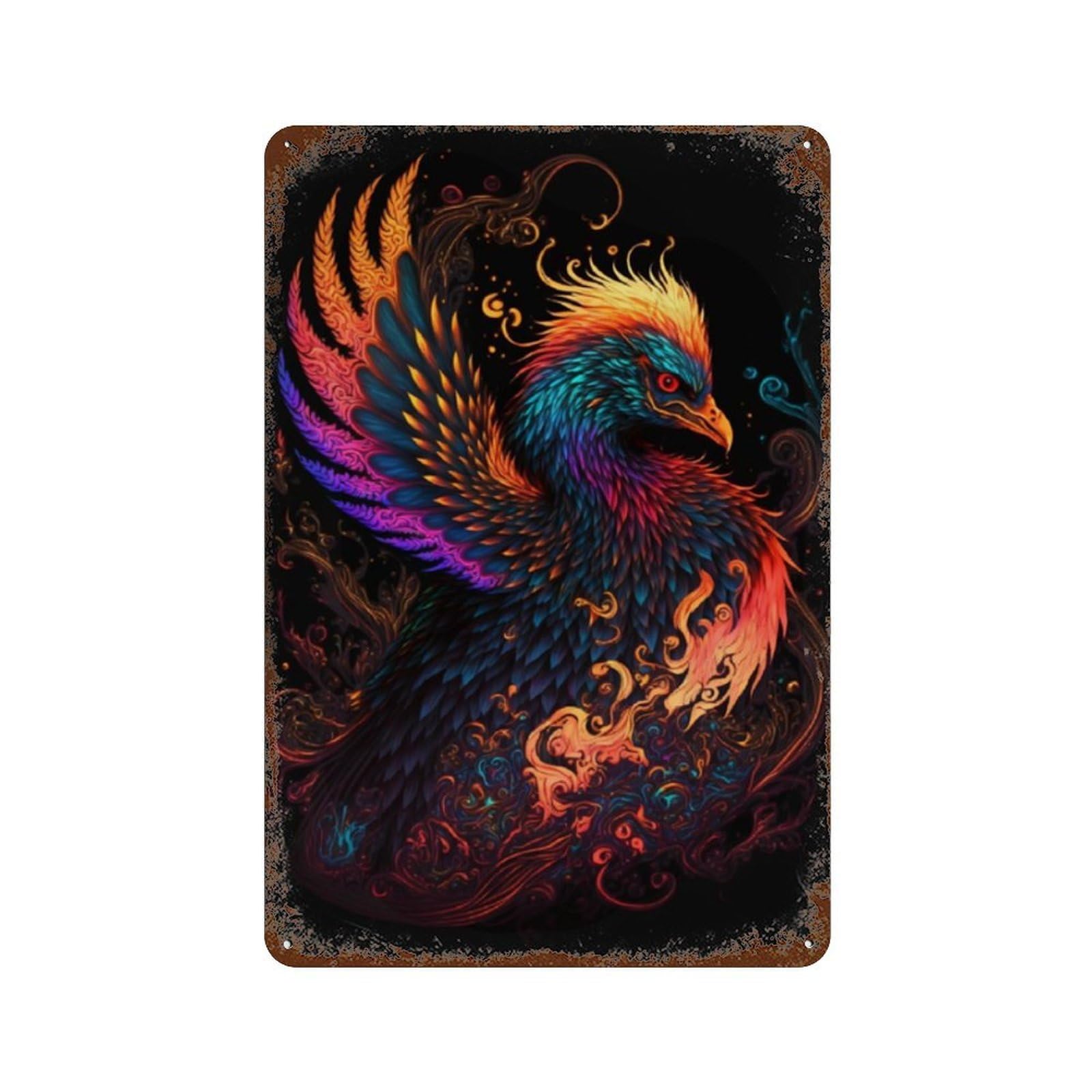 Colorful Phoenix Art Print Rustic Tin Plaque 11.8"x7.9", for Pub, Kitchen And Man Cave Decor, Vintage Wall Decor
