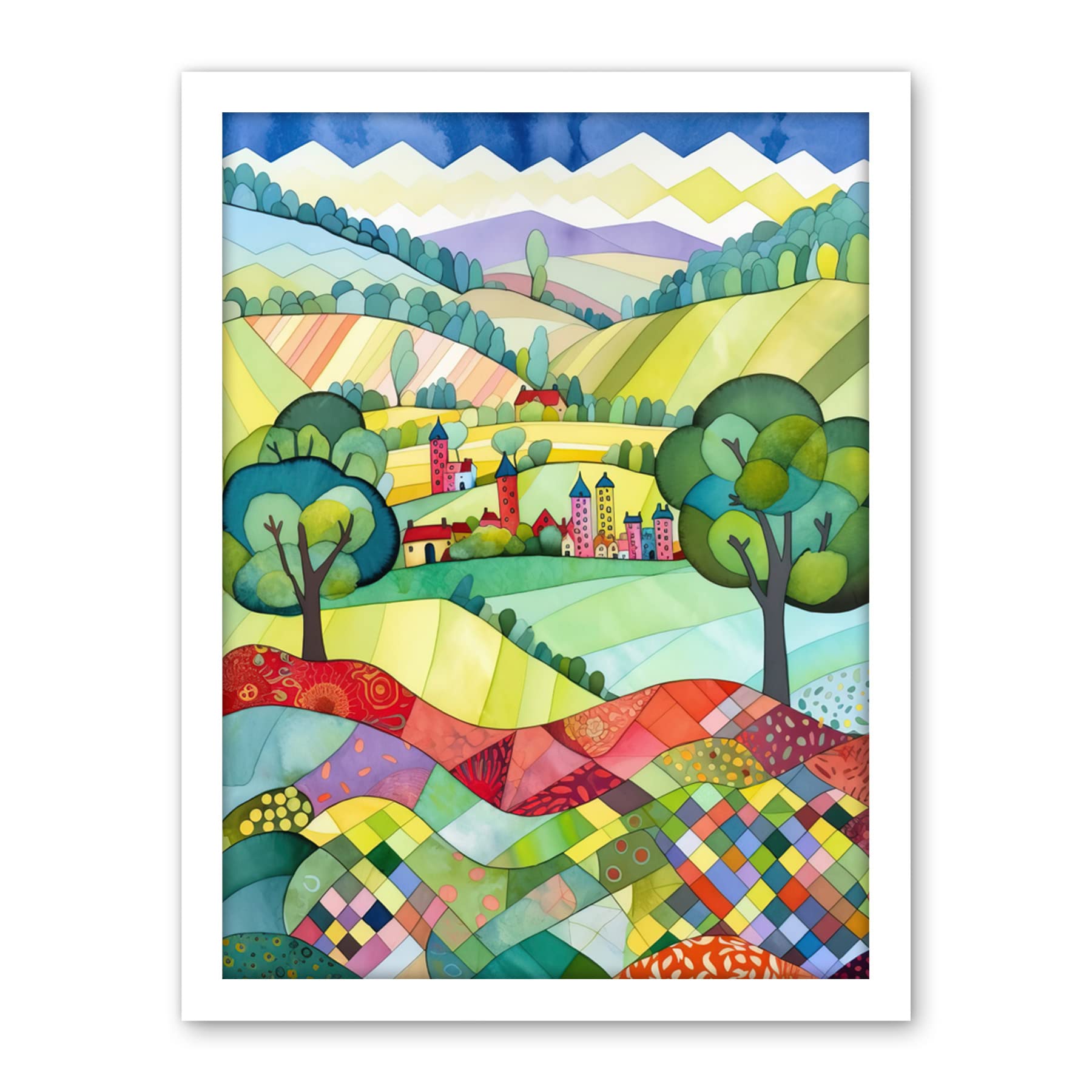 Artery8 English Countryside Rural Landscape Folk Art Watercolour Painting Artwork Framed Wall Art Print 18X24 Inch