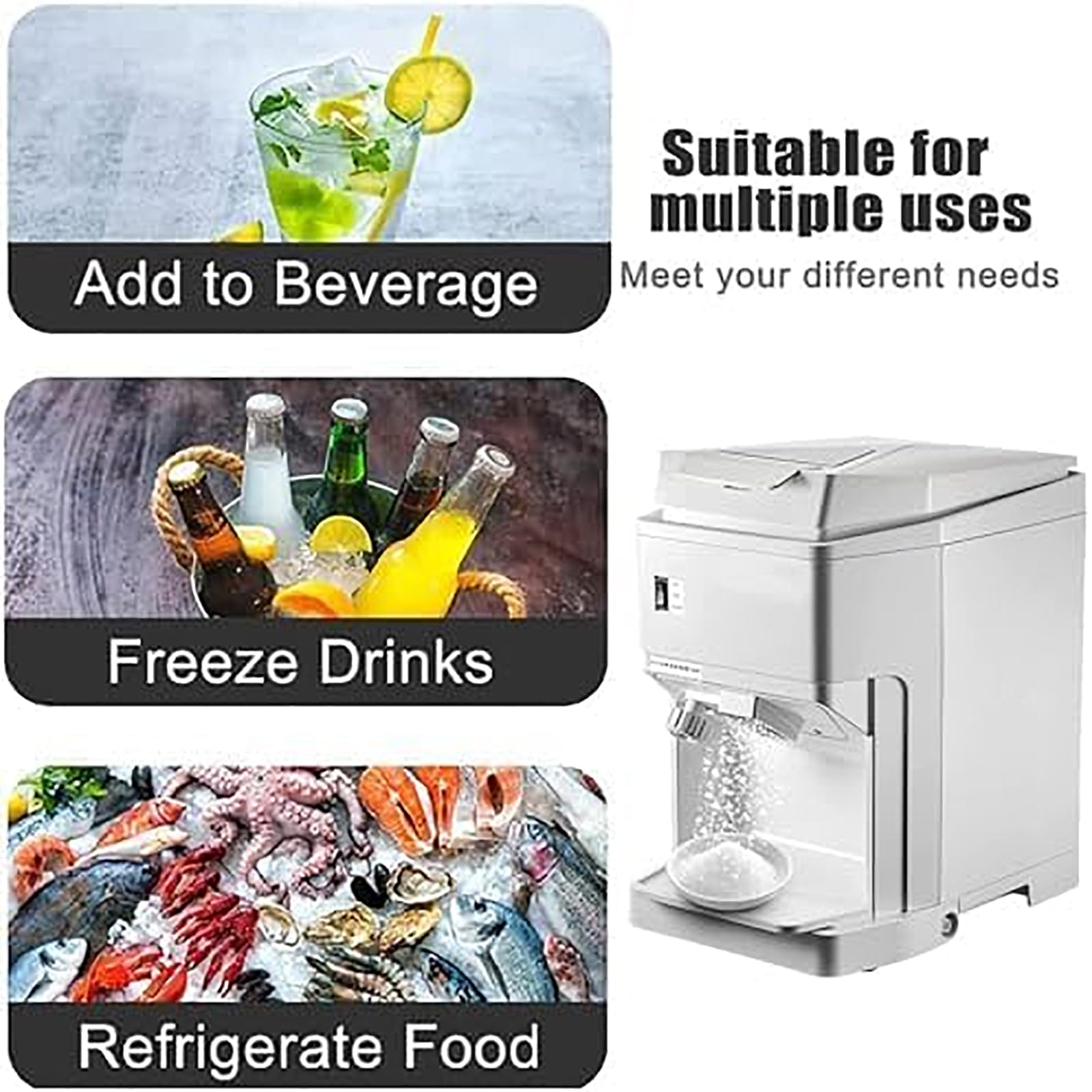 Máquina Cono Nieve, Trituradora Cubitoshieloeléctrica 2,3L con Bandeja Agua, Velocidad 320rpm/min Y Espesor Hielo Ajustable, Fabricación Hielo Rápida 3S Y Salida120kg/h,Sabor Suave Y Delicado