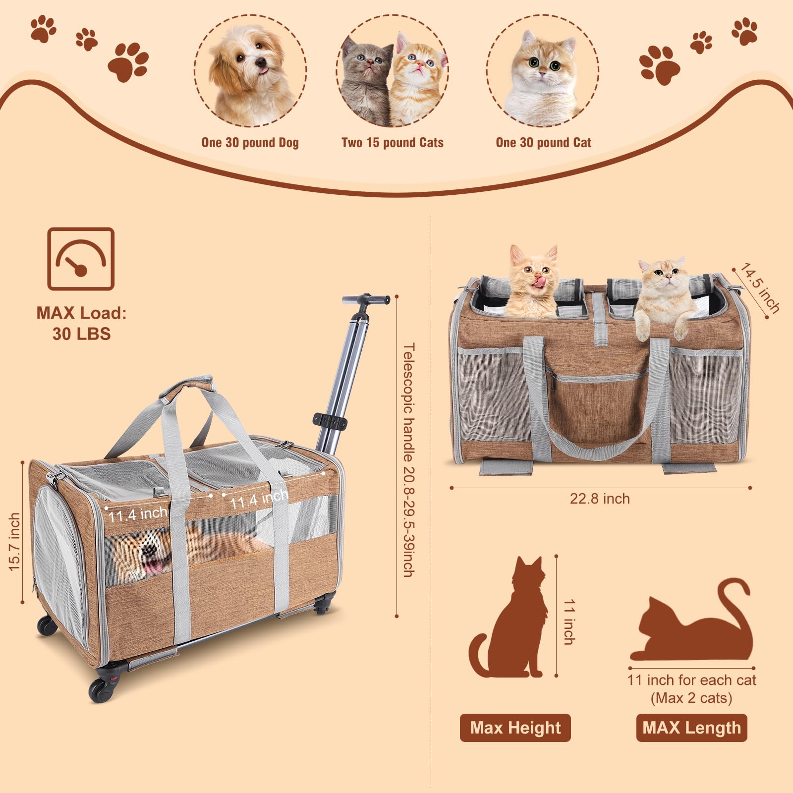 Transportín para gatos con ruedas para 2 gatos, plegable con ruedas para 2 gatos y perros pequeños, transpirable, perfecto para viajes, senderismo, camping, visitas veterinarias, color marrón
