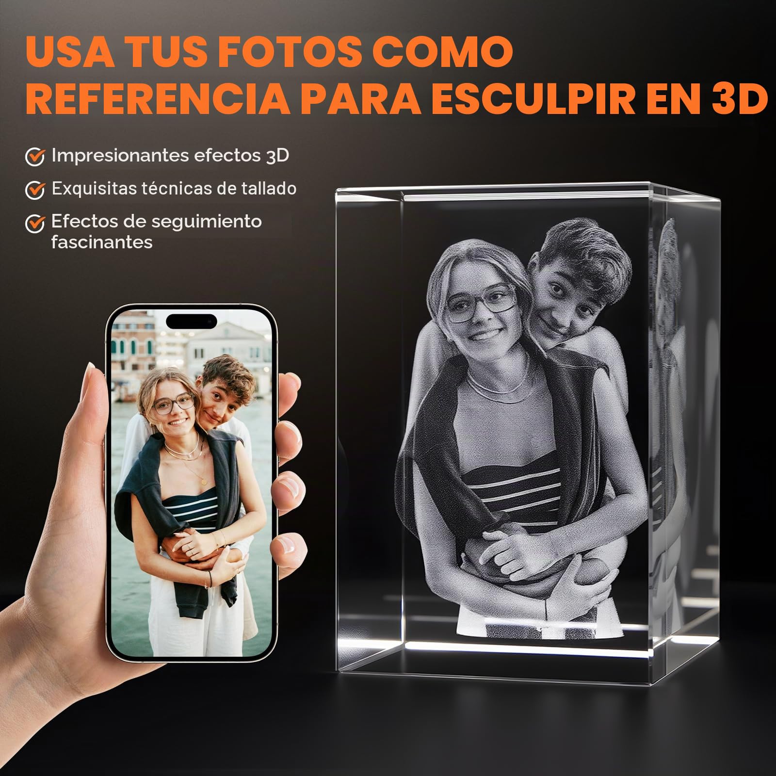 Foto de Cristal 3D Personalizada con Marco, Cristal Grabado con Foto Personalizado, 3D Crystal Photo Regalo Para Mamá, Papá, Cumpleaños, Regalo Boda, Memorial, Día de la Madre, San Valentín, Navidad