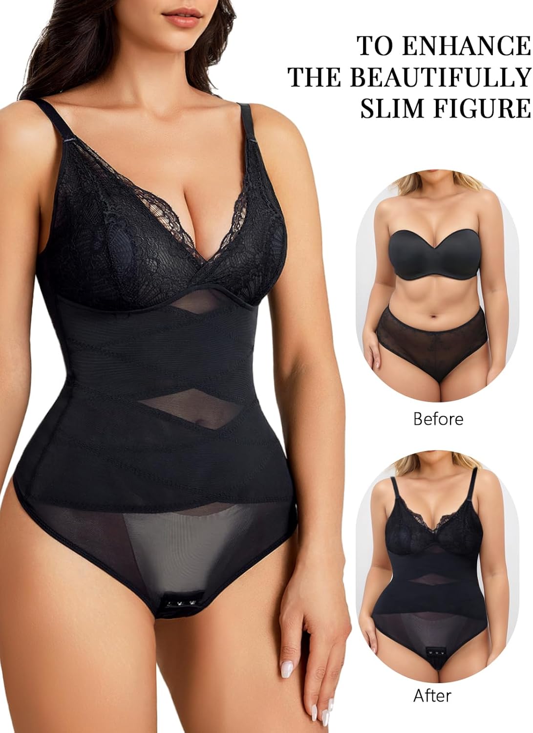 Shapewear Bodysuits for Women Lace Shapewear Tummy Control V Neck Built in Bra Thong Bodysuit Corset - Image 3