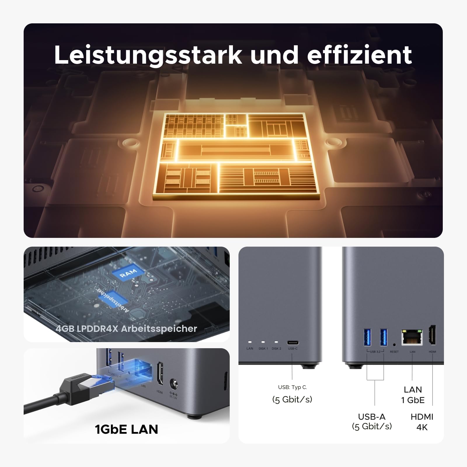 UGREEN NASync DH2300 2 Bay Desktop NAS, NFC Tap, KI Fotoalbum, 4K Videothek, Heim-NAS-Server mit 1GbE-LAN, 4GB RAM (Ohne Festplatten)