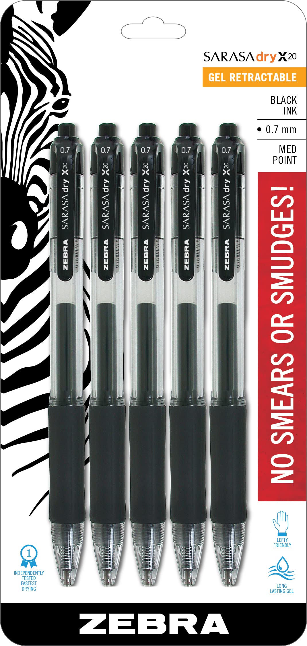 Sarasa Dry X20 Retractable Gel Pens, 0.7mm Medium Point, Black Ink with Rapid Fast Dry Ink Technology, Ideal for the Left Handed, Elimates Smudging and Smearing in Seconds, 5-Pack (46855)