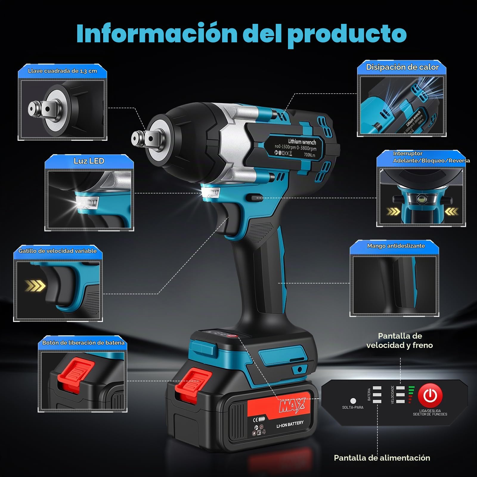 Pistola de impacto bateria 700N Llave de impacto con 2 baterías, 3 Velocidades variables, LED Llave de impacto a bateria, Parada de freno, para Reparación de Automóviles, Bricolaje