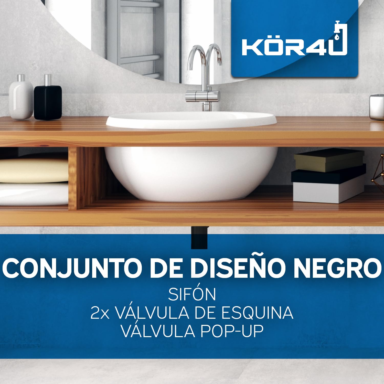 kör4u Juego de sifón de 1 1/4" x 32 mm, válvula emergente y 2 válvulas de esquina, válvula de desagüe con juntas, para lavabo, color negro