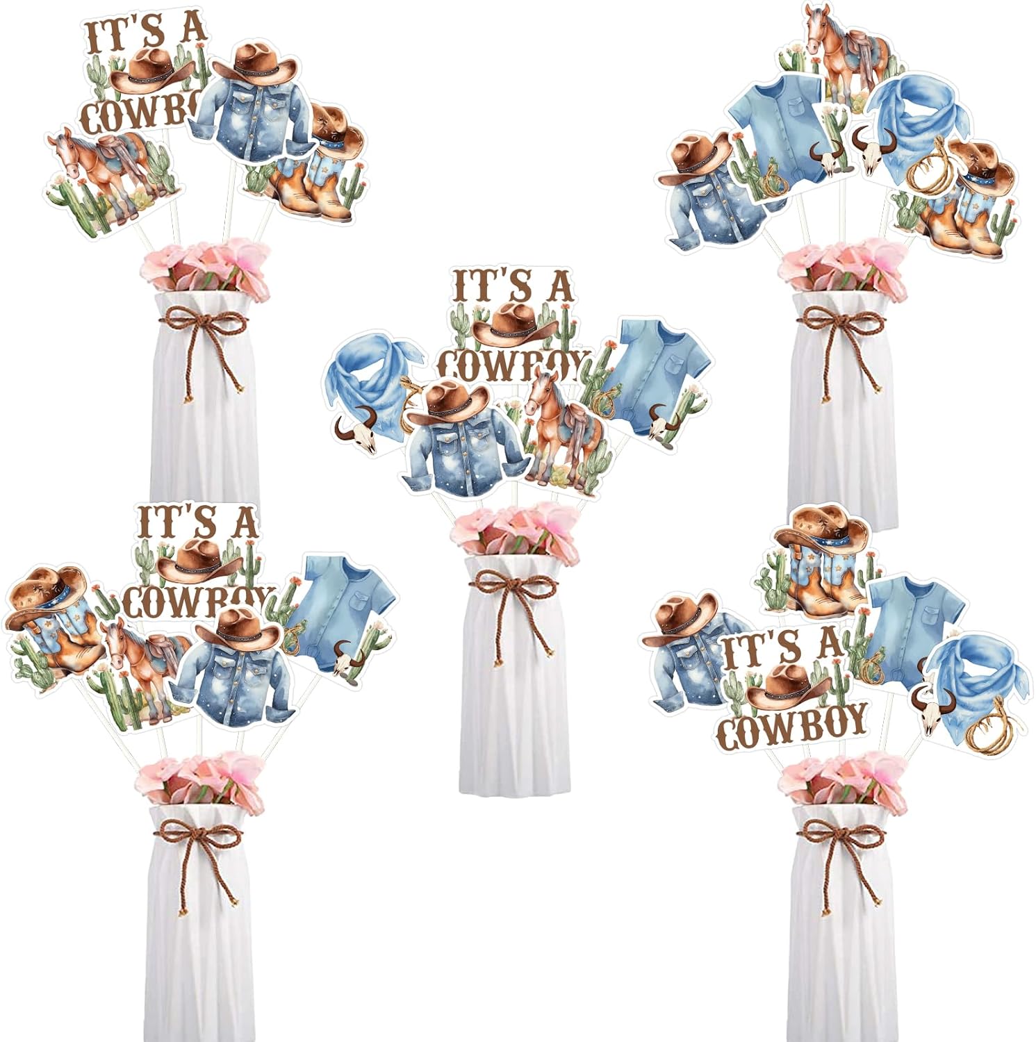 Funmemoir Cowboy Baby Shower Decorations for Boy - 24PCS A Little Cowboy is on the Way Centerpiece Sticks, Green and Brown Western Wild West Baby Shower Table Centerpieces