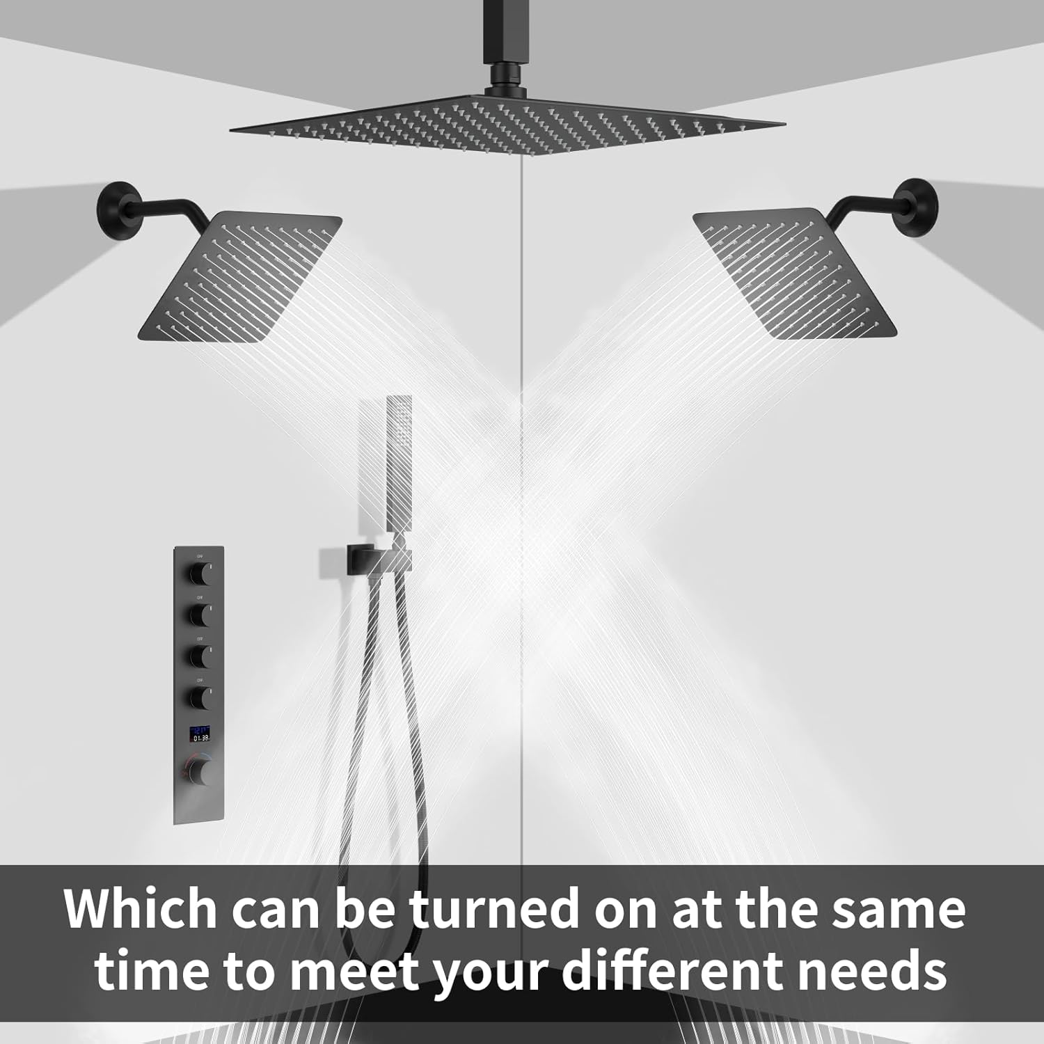 AYIVG Bathroom 4 Functions 3 Rainfall Shower System Ceiling Mount 12 Inch 8+8 Inch Wall Mount Rain And Handheld Shower Head With Temperature Display Shower Faucet Set (Matte Black)