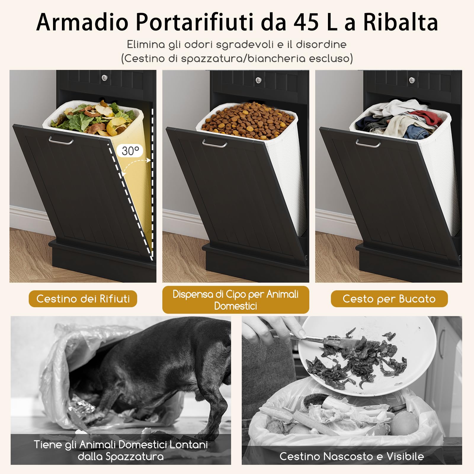 RELAX4LIFE Mobile per Pattumiera da 38 L, Armadio Alto da Cucina con Spazzatura Ribaltabile, 3 Ripiani Regolabili e 2 Cassetti Estraibili, Credenza per Rifiuti per Cucina e Sala Da Pranzo (NERO)