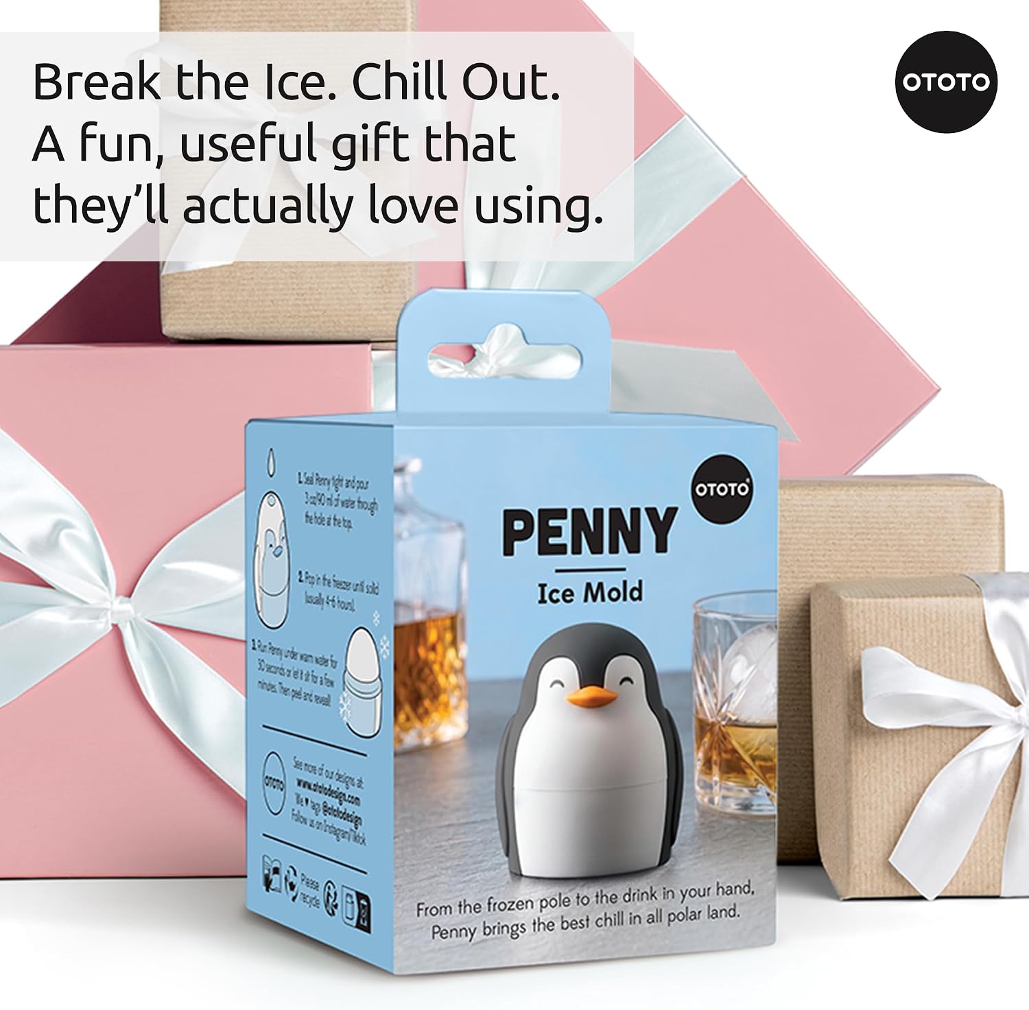 OTOTO Ice Ball Mold - Penguin Shaped Single Round Ice Mold for Espresso, Lattes and Matcha, Easy Fill and Release, Unique Kitchen Gadget, White Elephant Gifts (Penny Penguin)