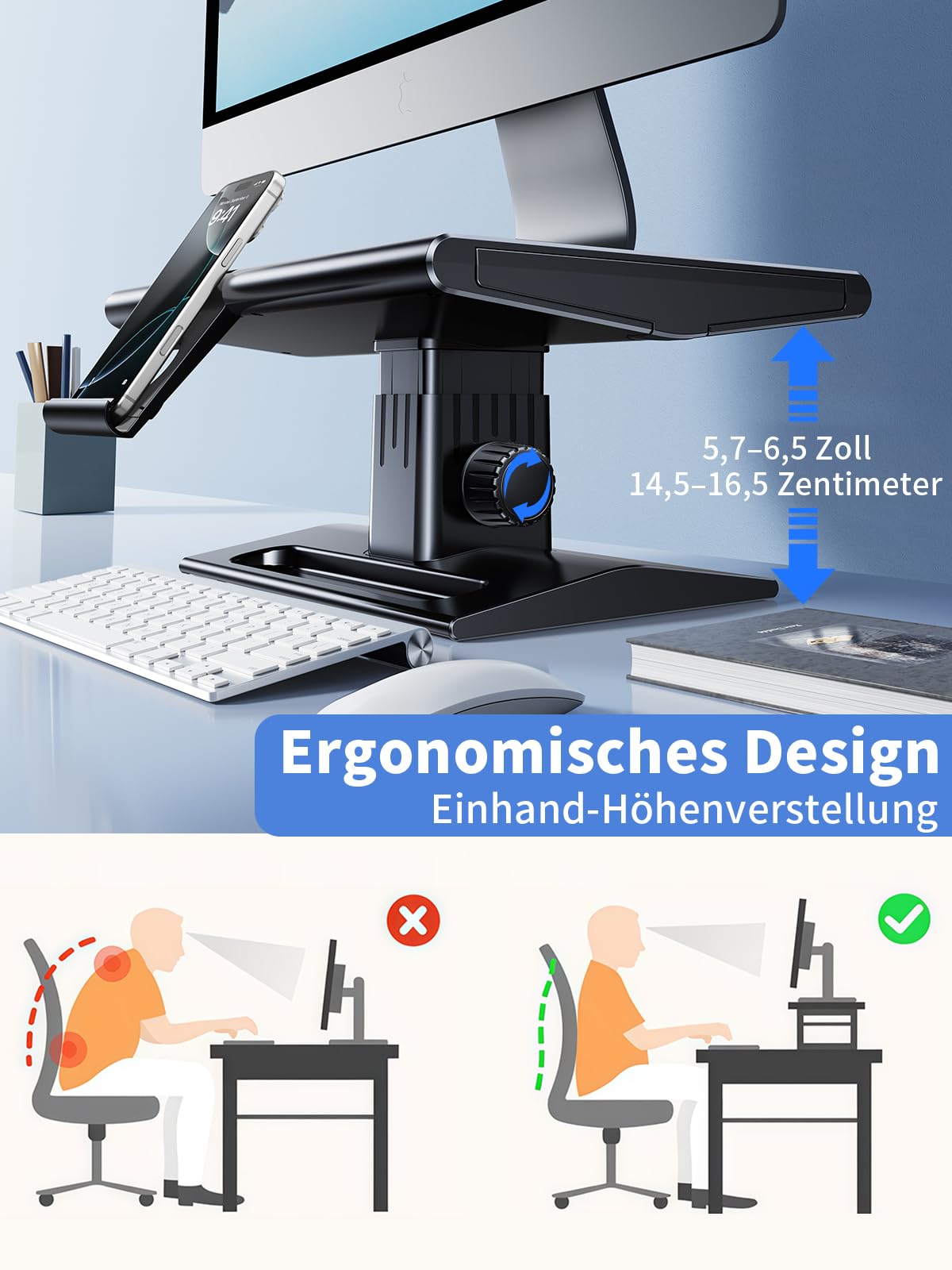Monitorständer,HöHenverstellbar Monitor Erhöhung Schreibtisch Erhöhung Monitor Stand mit Schubladen & Handyhalterung,Ergonomisch Desktop Bildschirmerhöhung Ständer für Computer,Laptops,PC,TV