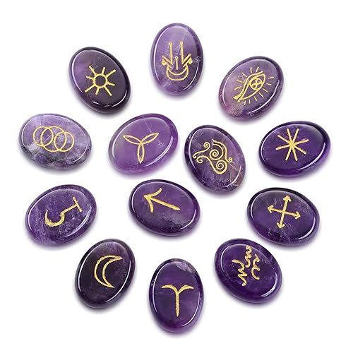 CrystalTears Amethyst Crystal Rune Stones Witches Healing Crystals Gemstone Engraved