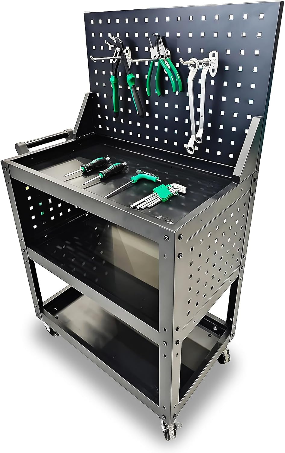 3 Tier Rolling Tool Cart on Wheels - Metal Service Cart Industrial Utility Cart for Mechanic - 330LBS Load Mobile Storage Organizer for Garage