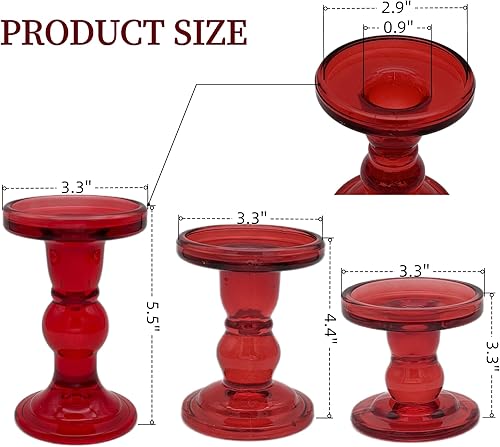 Miniatura 2 de Juego de 3 portavelas de cristal rojo, centro de mesa decorativo para velas cónicas de pilar, velas de té